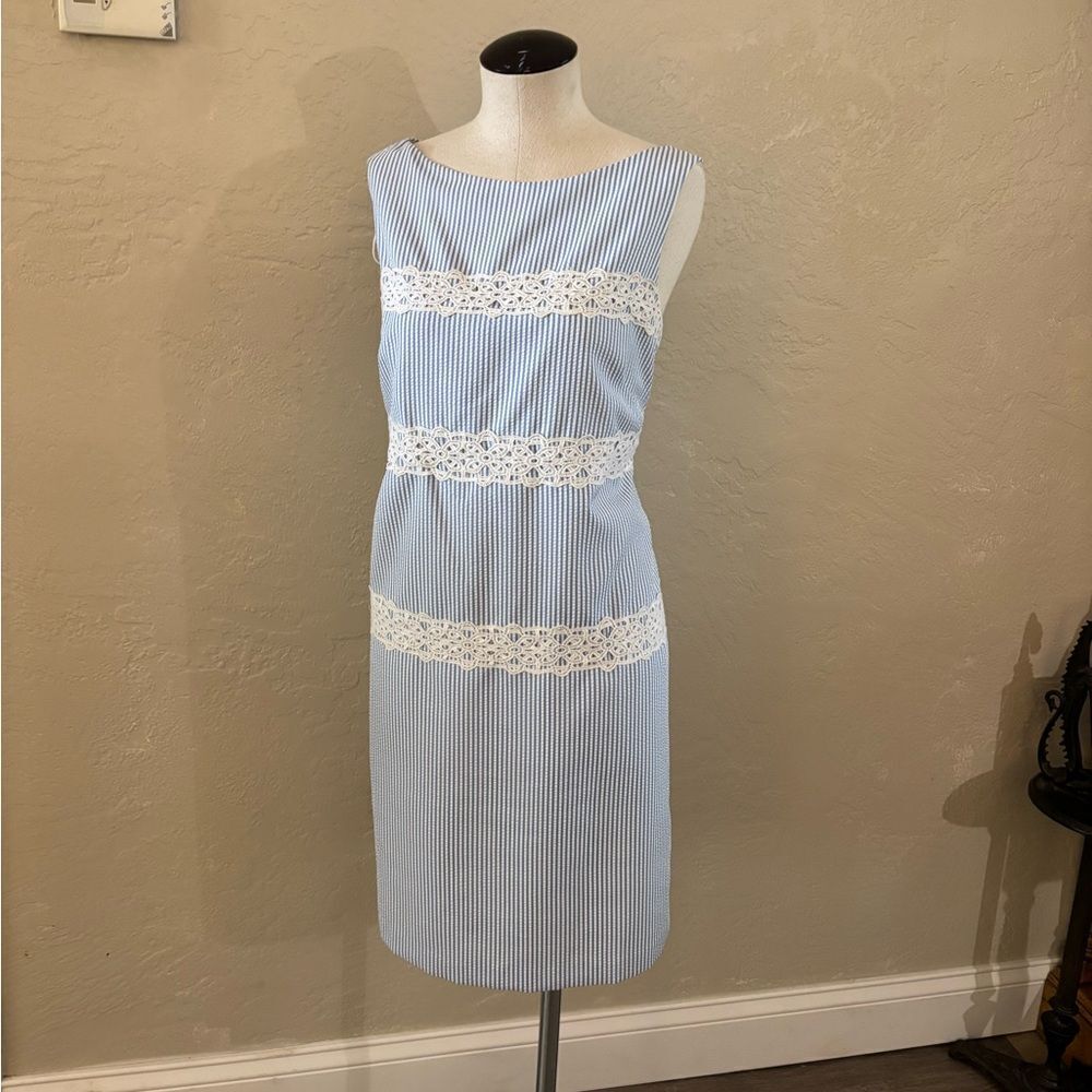 London Times Blue and White Striped Dress with Lace Accents Sz 14